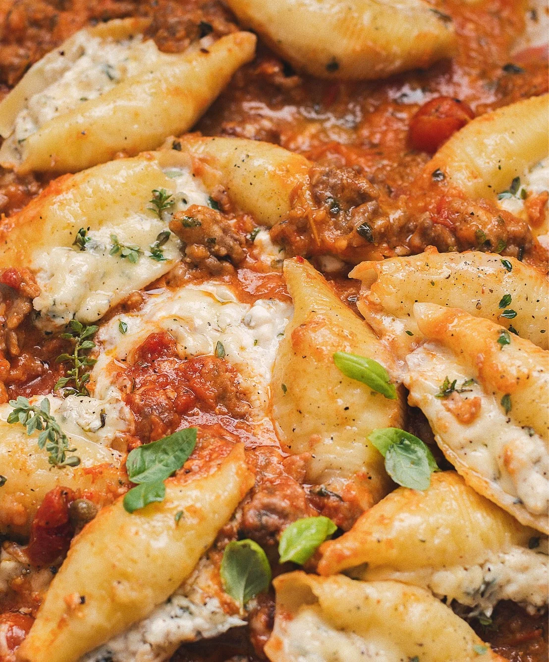 Pesto and Cheese Stuffed Shells with Homemade Marinara