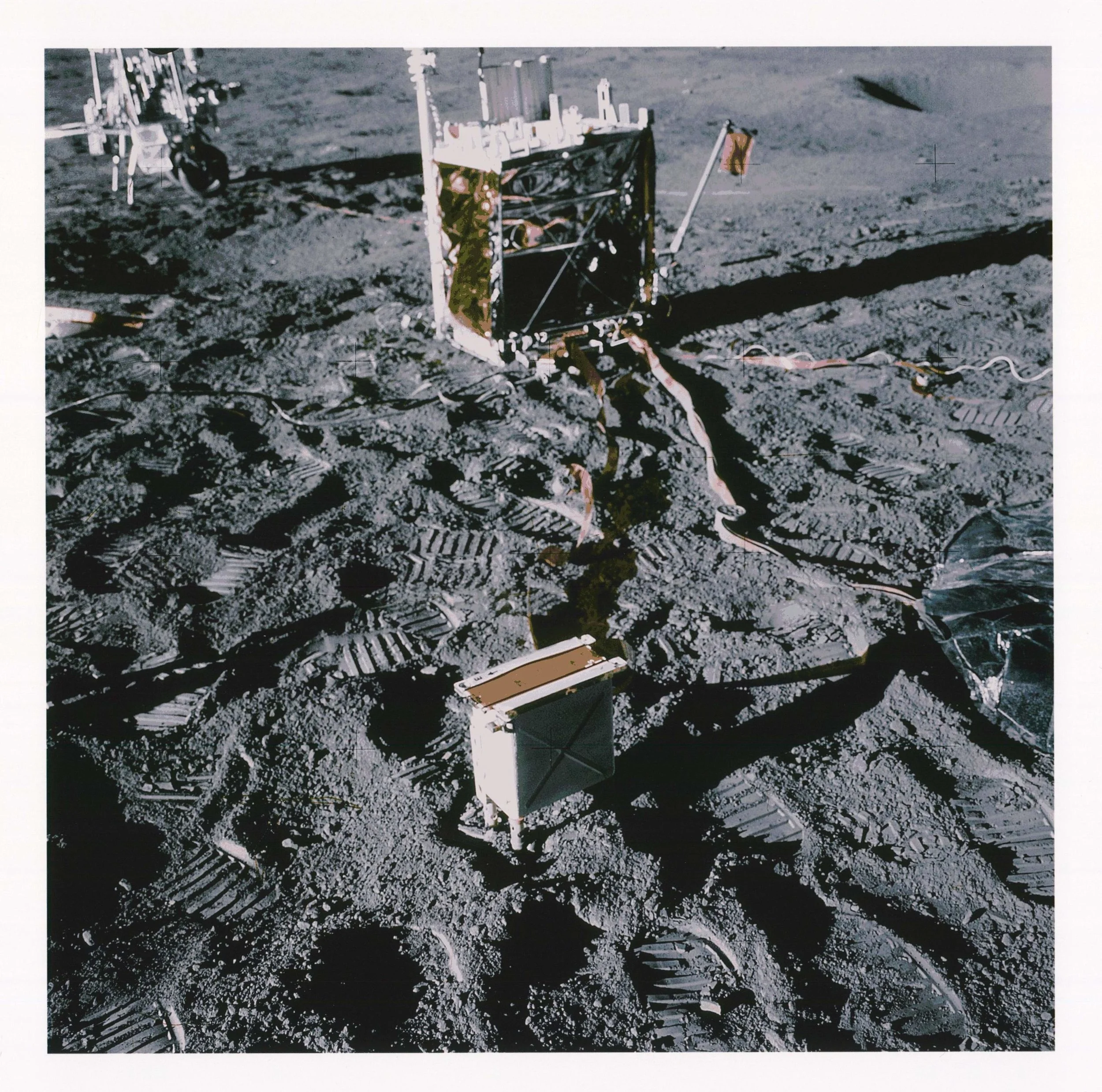 Apollo 14 ALSEP shows Brian's CPLEE in foreground and Dust Detector Experiment (DDE) in top-right corner of the Central Processing Unit (CPI) in background. Brian is the only scientist who is Principal Investigator of experiments on the Moon in two different scientific disciplines, Radiation and Movements of Dust.