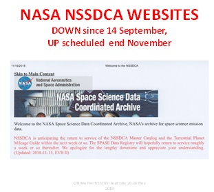 NSSDCA Web Site Screen Capture stating” ”NSSDCA is anticipating the return of service of the NSSDCA Master Catalog and the Terrestrial Planet Mileage Guide within the next week or so. The SPASE Data Registry will hopefully return to service roughly a week or so thereafter. We apologize for the lengthy downtime and appreciate your understanding. (Updated 2018-11-15)”