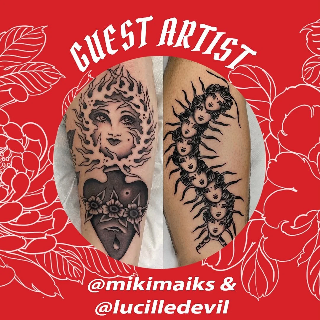 We look forward to having @mikimaiks &amp; @lucilledevil guest with us on 14th and 16th of November. For enquiries, contact them directly
&bull;
&bull;
&bull;
#mikimaiks #lucilledevil #traditionaltattoo #blackandgreytattoo #boldtattoo #london #redpoi