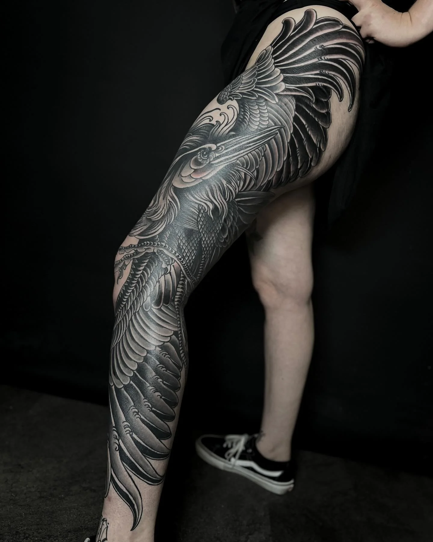 Full leg heron blackwork tattoo