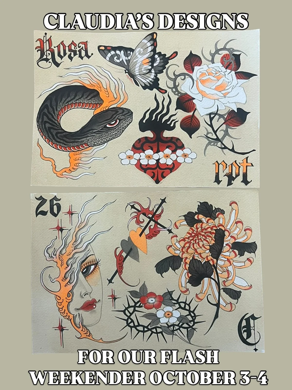 Swipe for some examples of @claudiadesabetattoo work. Red Point Tattoo&rsquo;s 8th anniversary weekender. October 3-4. Claudia will be tattooing on Saturday 3rd, from 11am to 7pm, first come first serve. Tattoo prices &pound;100-180. See you there!