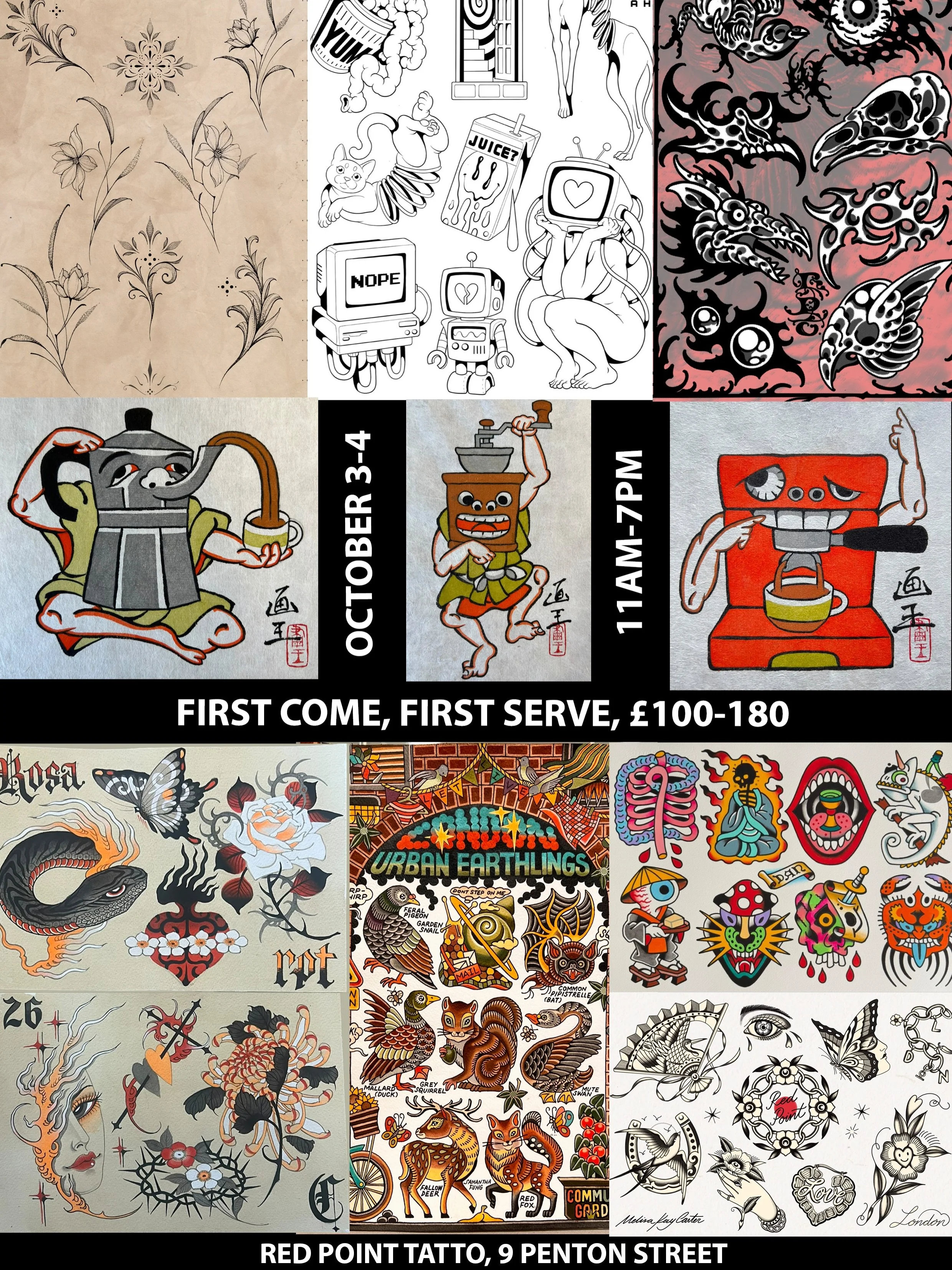 THIS WEEKEND! Lucky n. 8 flash weekender at Red Point Tattoo. It&rsquo;s our 8th year anniversary come down and celebrate with us 🥳
🔥8 artists
🔥8 exclusive flash sheets
🔥11am - 7pm each day
🔥prices &pound;100-180
🔥 Free Red Point Tote goody bag