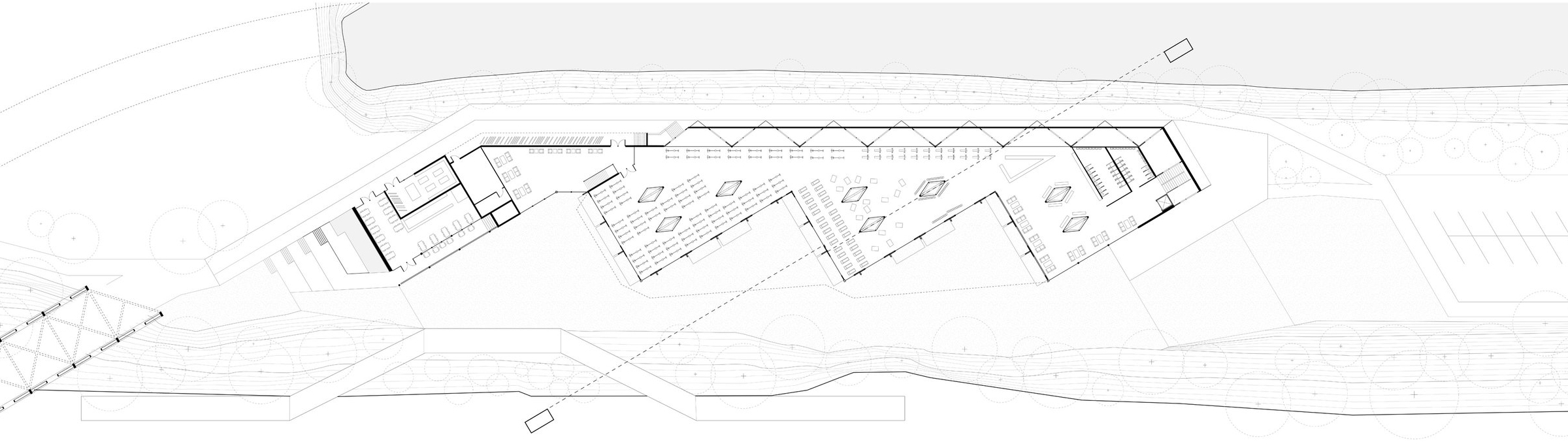 second floor plan featuring: exercise gym, second floor lobby, bike workshop, cafe, bike trail and spectator views