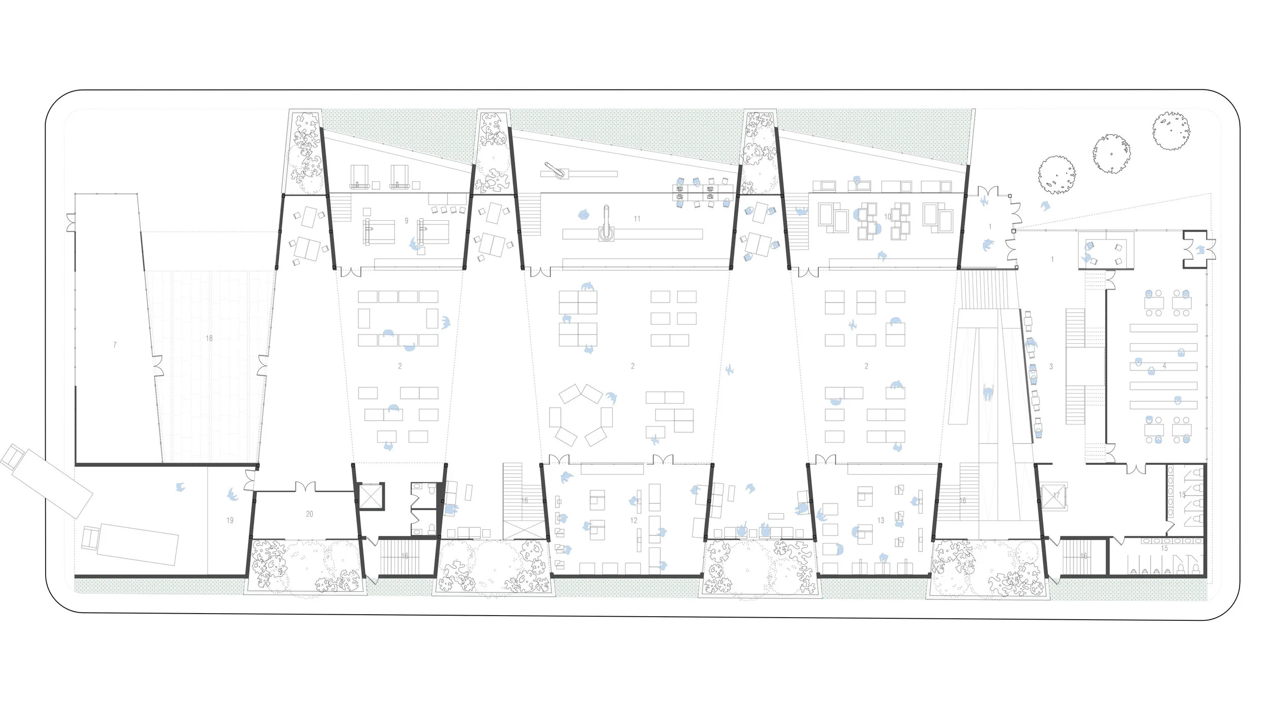 ground floor plan featuring fabrication labs, maker hall, lobby, cafe and library