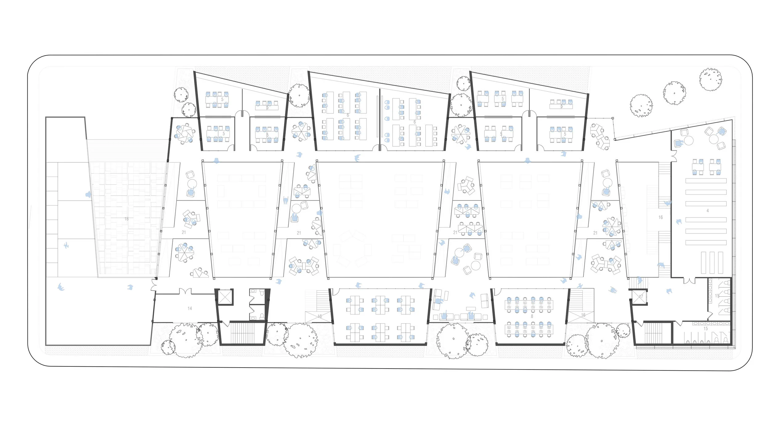 second floor plan featuring classrooms, computer lab, collaborative spaces, library, roof garden