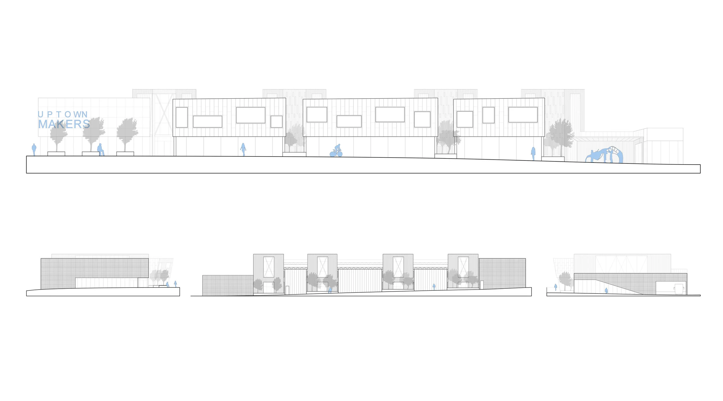 elevations: main, sides and rear streets