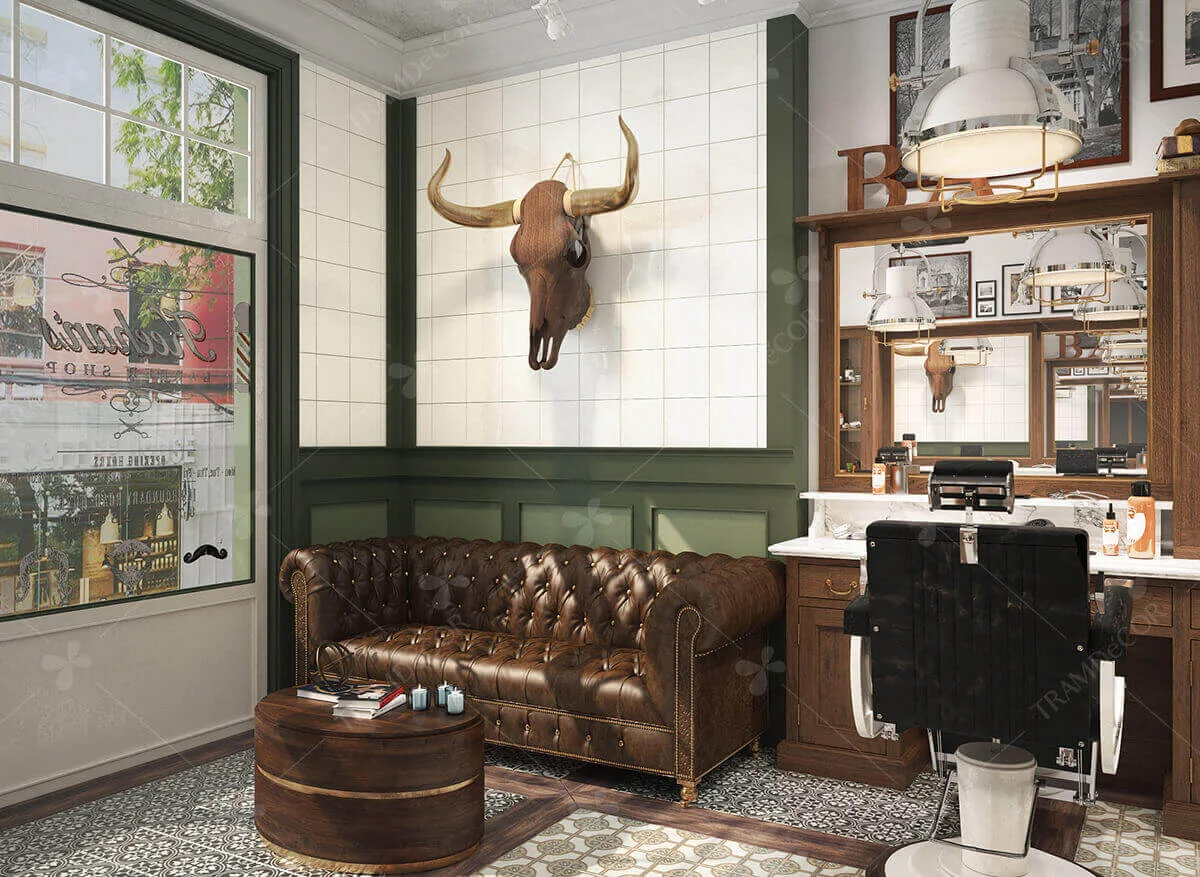 Không gian Barber shop được thiết kế theo phong cách cổ điển kết hợp chút vintage. Phong cách này ưa chuộng chất liệu da và gỗ với tối màu với bàn ghế đồ đạc được thiết kế cầu kì, bắt mắt.