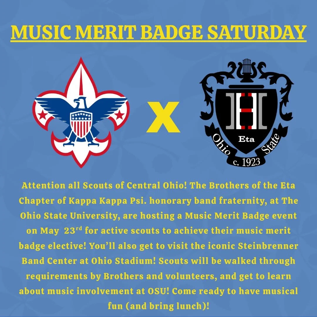 Join the Brothers of the Eta Chapter in volunteering to help Scouts from Central Ohio earn their Music Merit Badge! Volunteers will meet in the Steinbrenner Band Center for the event! The RSVP link is in our bio! 💙🔱