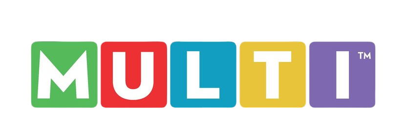 MULTI board game logo with the individual letters M U L T I set against different color blocks