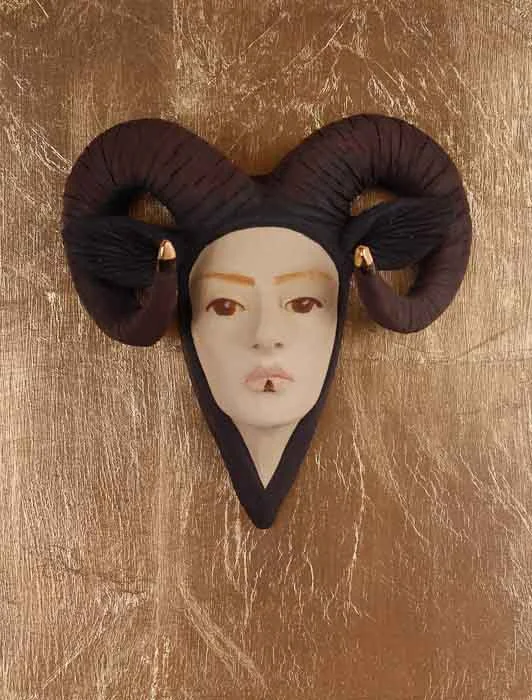 Crystal Morey Ram Totem with Slow Breath Ceramic, underglaze, gold leaf & gold luster
