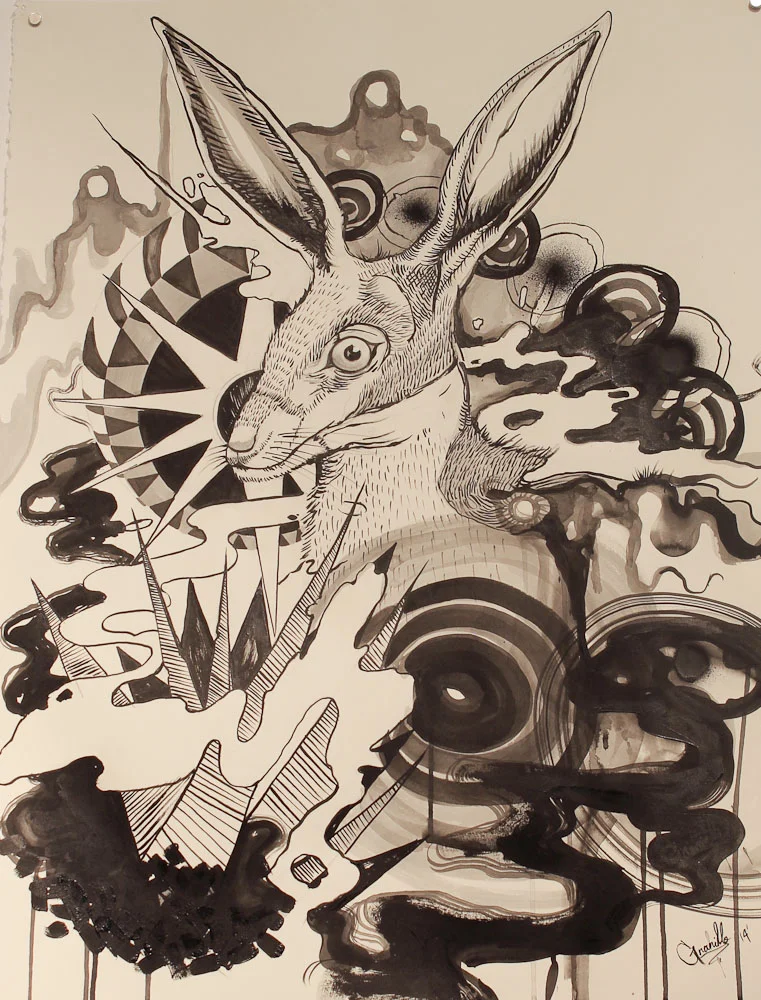 Chris Granillo "Jack Rabbit" ink on paper, 22 x 30 inches