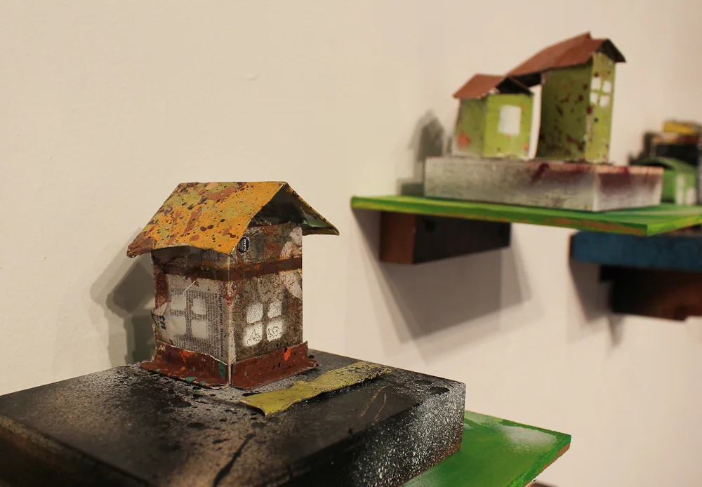 Mario Navasero "yellow House," paint, metal, wood 10 x 5 x 8 with shelf