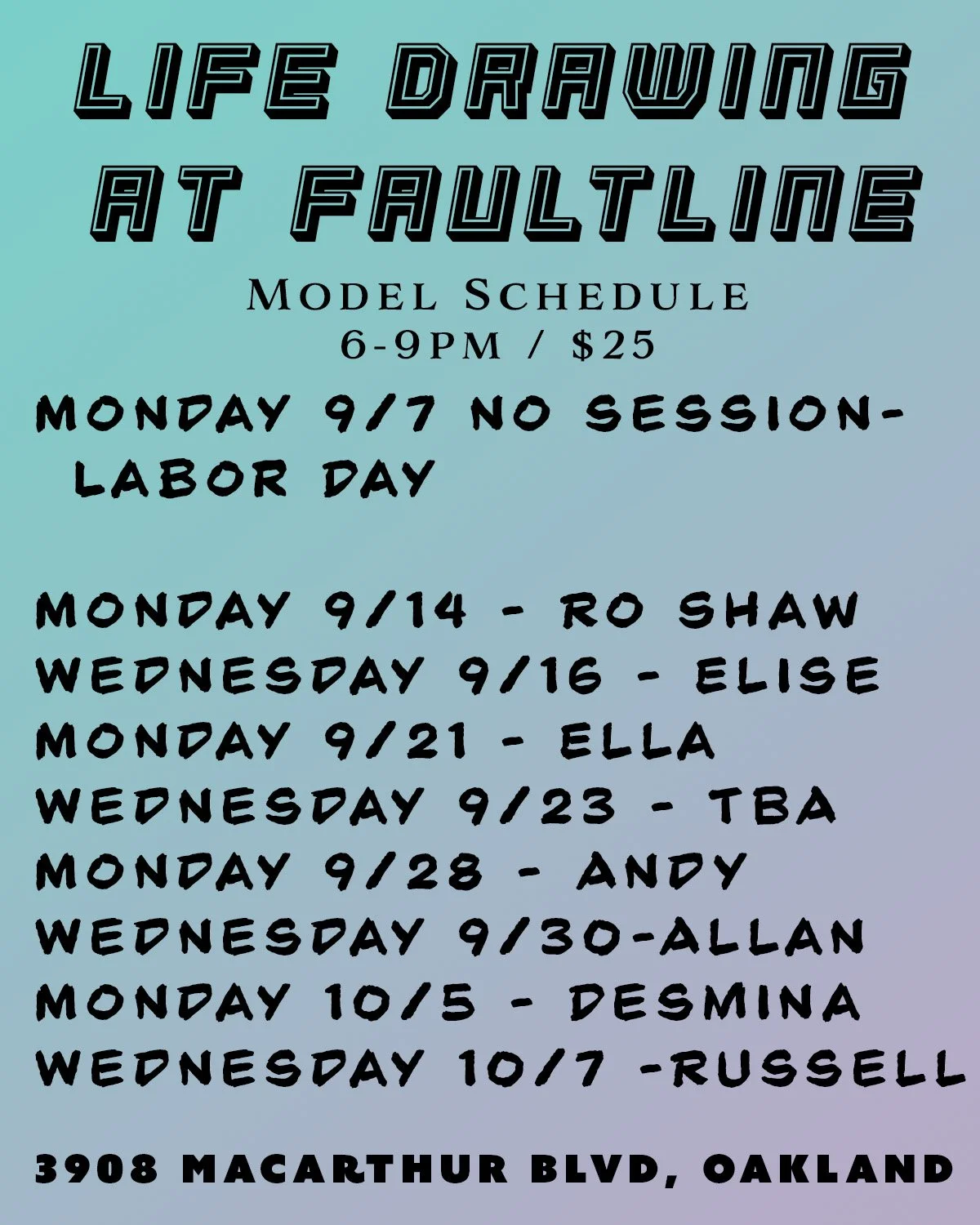 life drawing and figure drawing schedule for Faultline Gallery