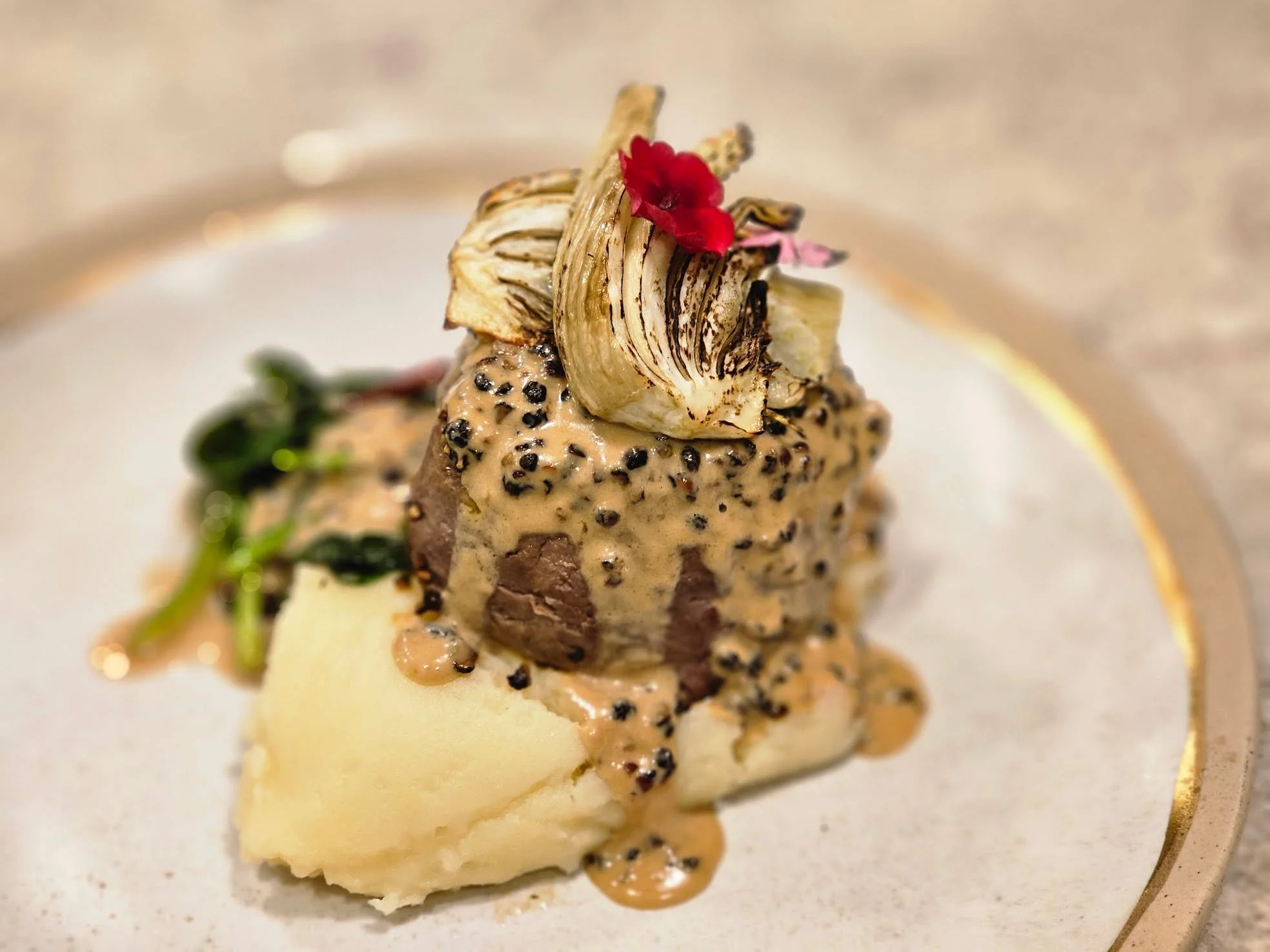 A bold, elegant dish built for celebration&mdash;tender filet mignon over silky mash, dressed in a rich peppercorn cream, crowned with charred fennel.

📱858-405-5372
📍San Diego, CA
💻busybeecookforme.com
.
#busybeesd #catering #personalchef #foodie