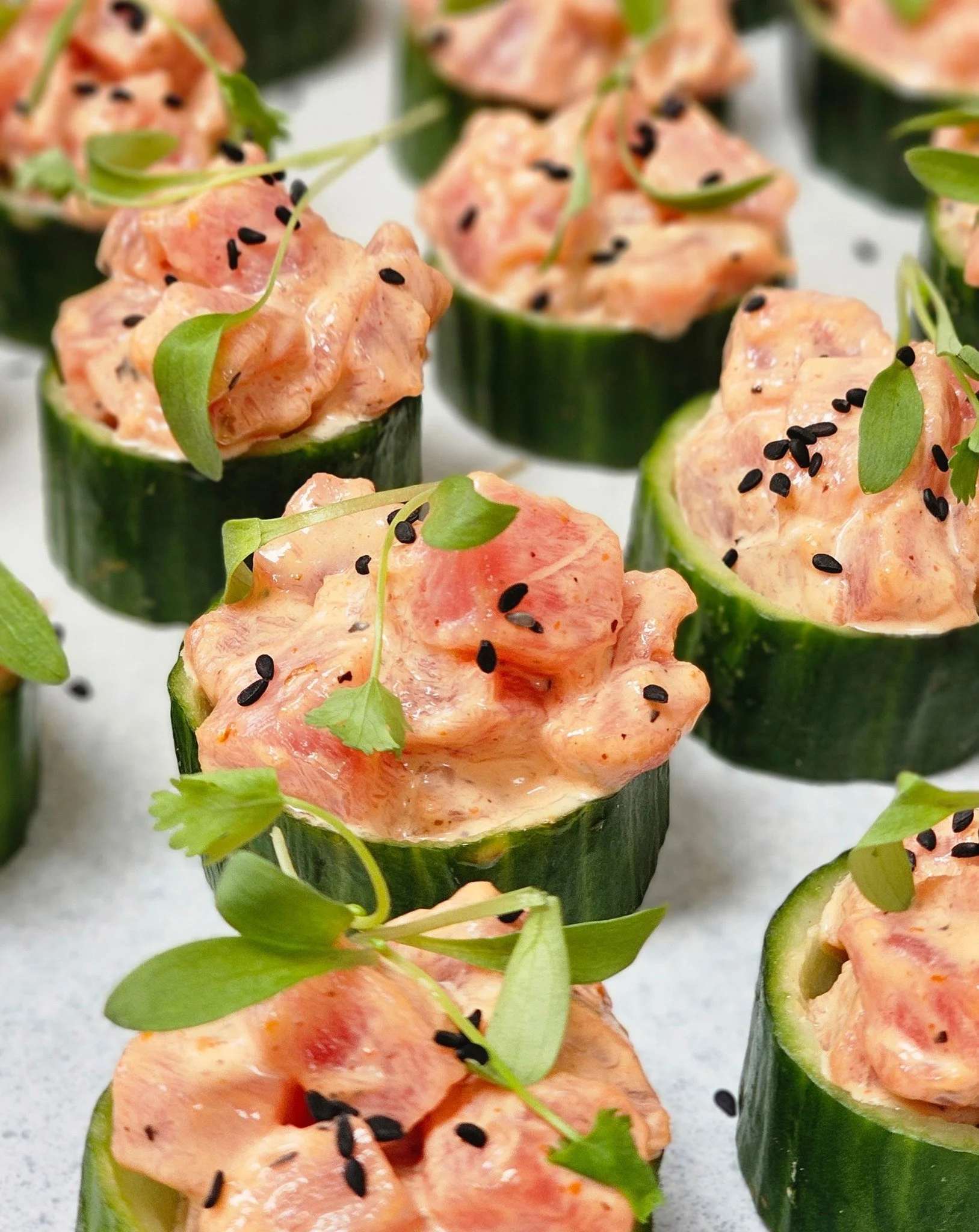 Fresh. Light. Packed with flavor.

These spicy tuna cucumber bites deliver the perfect balance of cool crunch and bold flavor in every bite. The kind of appetizer guests grab once... then come back for three more.

Beautiful presentation. Fresh ingre