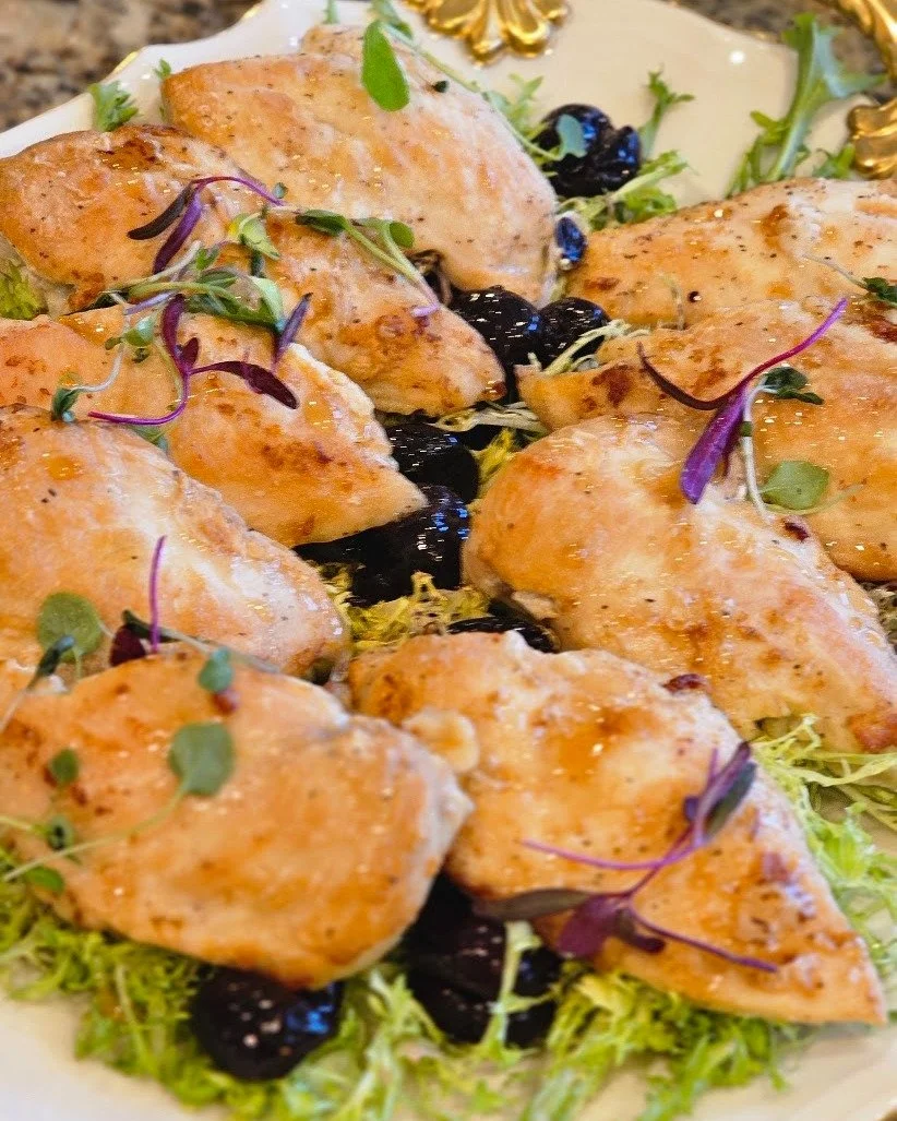 Pretty food that actually tastes as good as it looks. 🫐🍗

Golden-seared chicken over fris&eacute;e with fresh blackberries, micro herbs, and edible flowers on an antique gold serving platter. Because your dinner party should feel like an occasion, 