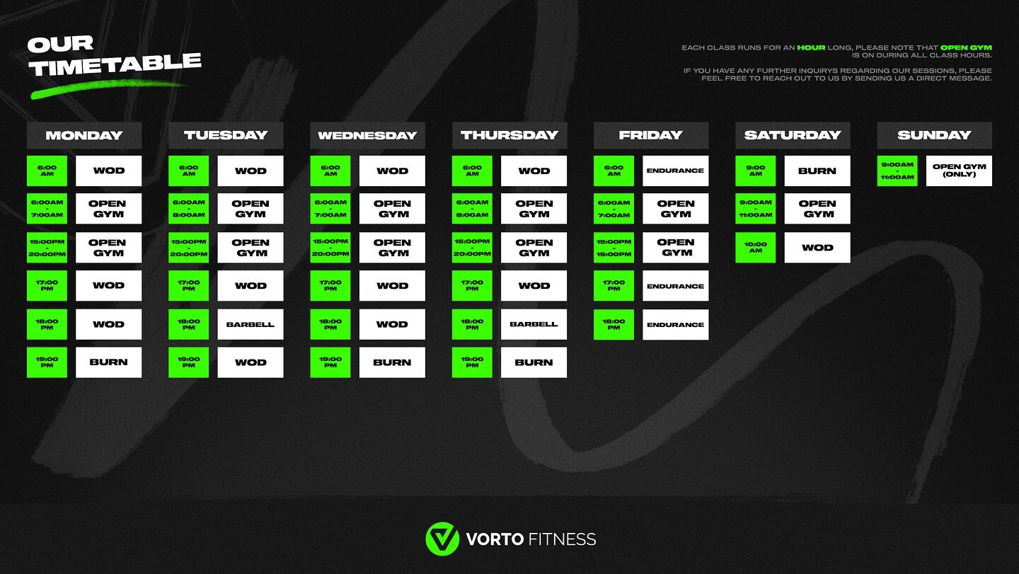 Introducing our new weekly timetable ⏰ 

Classes follow a fixed hour schedule, with an open gym space running beside all class hours. 

We&rsquo;ve also added our brand-new Barbell class at 18:00pm Tuesday &amp; Thursday 🏋🏻&zwj;♂️

Further class de
