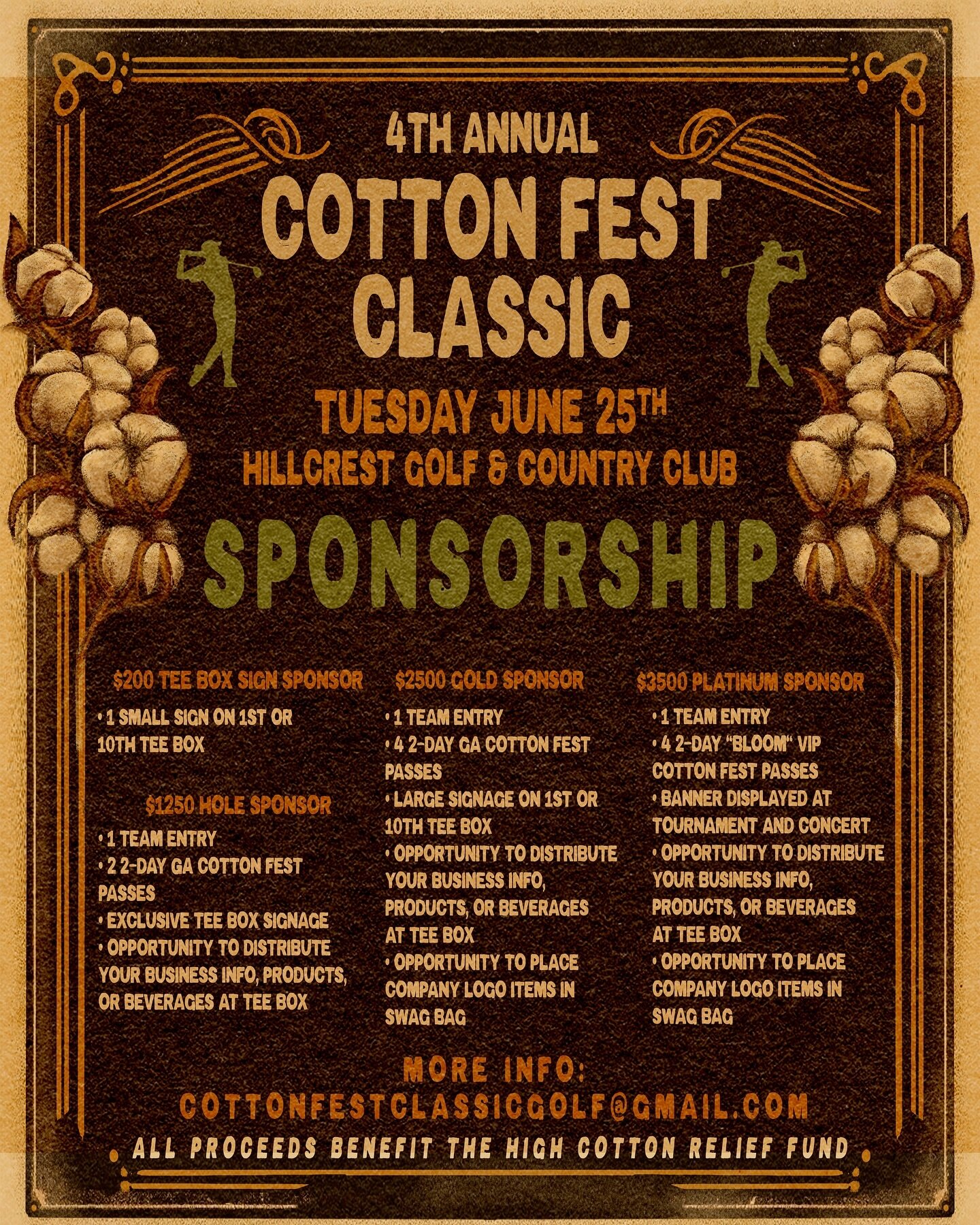 Interested in sponsoring this year&rsquo;s golf tournament? Check out our sponsor opportunities &amp; email cottonfestclassicgolf@gmail.com for more info!