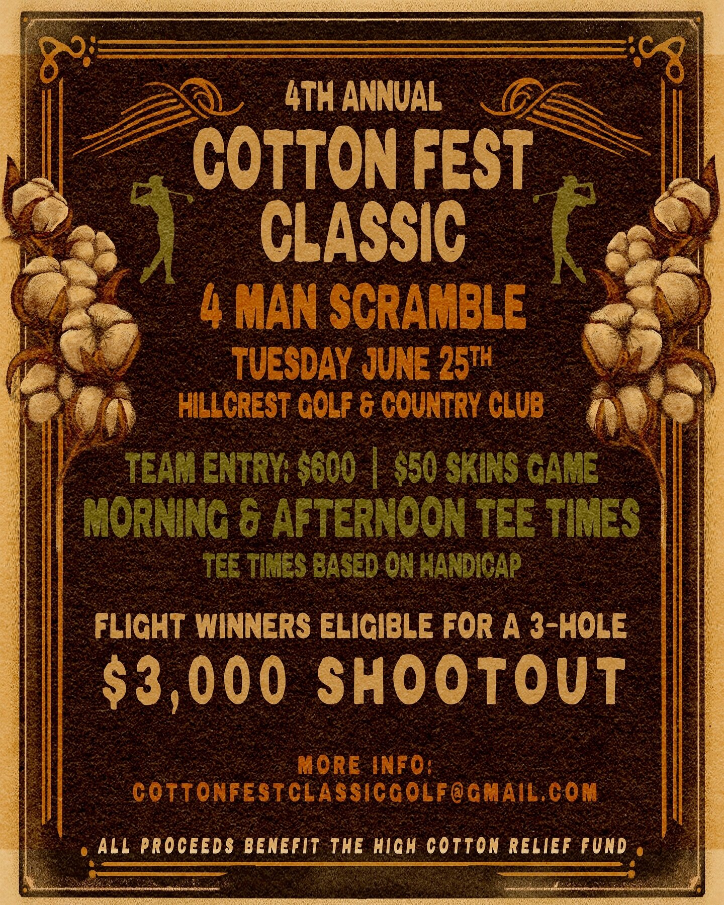 Sign ups for the 4th Annual Cotton Fest Classic are now open! Email cottonfestclassicgolf@gmail.com to secure your spot ⛳️