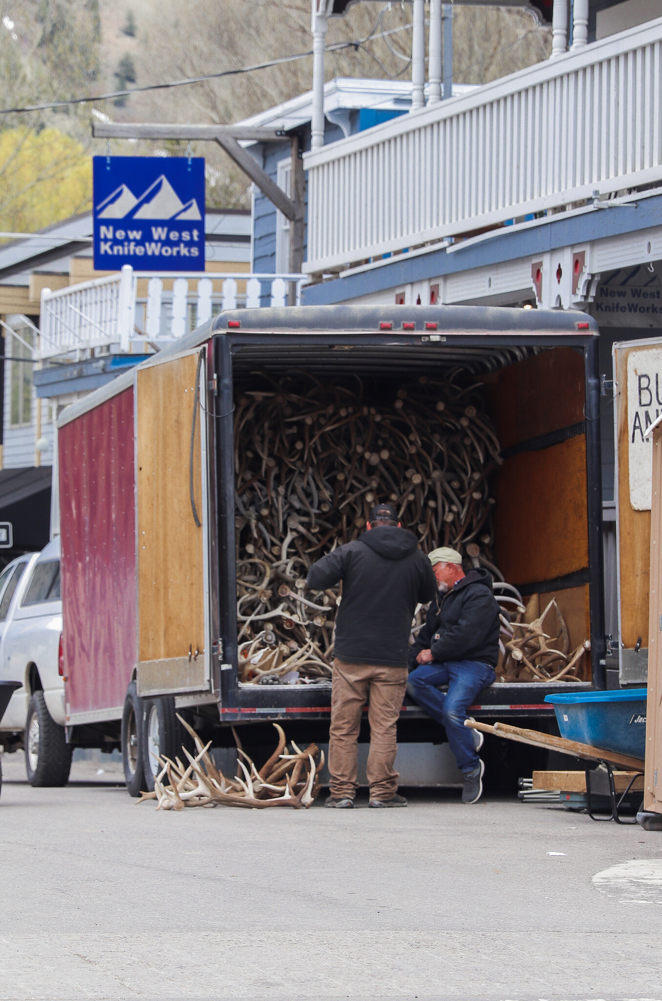  In the spring, locals collect antlers to sell.  They block off one side of the square and lay out their goods. 