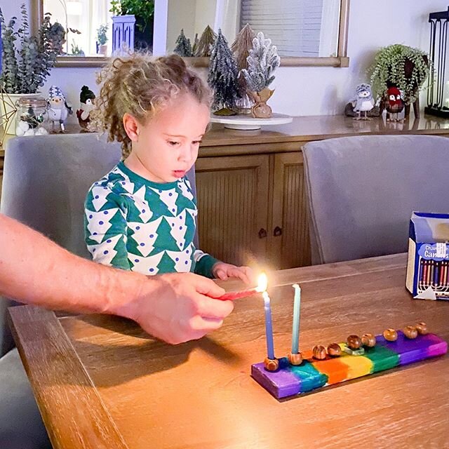 Happy Hanukkah! Using the menorah little Jazzy made at her preschool &amp; we have a similar one Noah made at the same school when he was 4.
.
This time of year is sometimes hectic with celebrating both Hanukkah &amp; Christmas, especially when they 