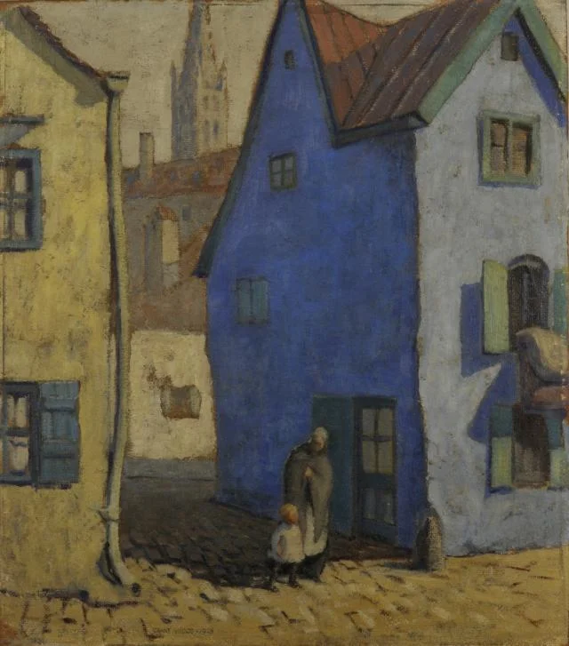 Blue House, Munich, 1928, Grant Wood (American, 1891-1942), Oil on board, 23 ½ x 20 ¼ in.