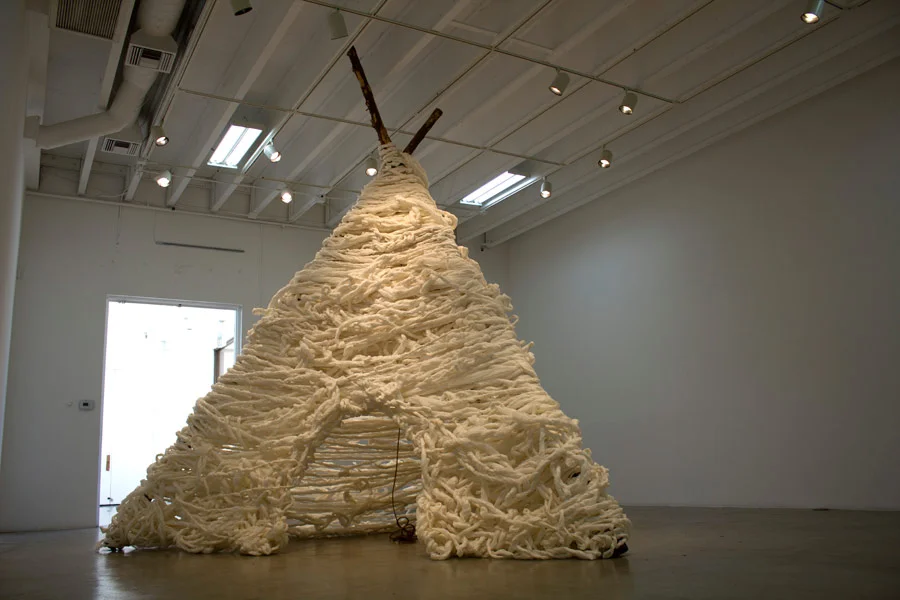 Many Truths. 192"H x 144"W x 138"D. Pine Logs, Natural Manila Rope, Tracing Paper. (2014)