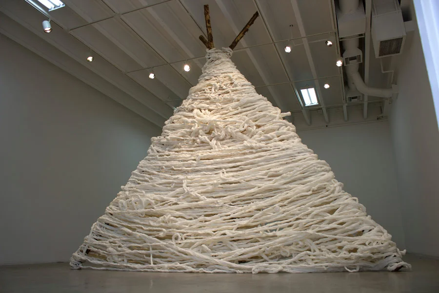 Many Truths. 192"H x 144"W x 138"D. Pine Logs, Natural Manila Rope, Tracing Paper. (2014)