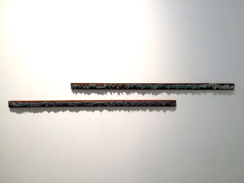 Mislaid Restraint. 52"W x 2.5"H x 1.5"D Antique Bed Boards, Nails, Thread. (2014)