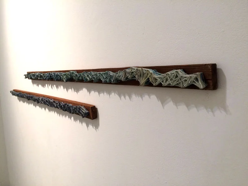 Mislaid Restraint. 52"W x 2.5"H x 1.5"D Antique Bed Boards, Nails, Thread. (2014)