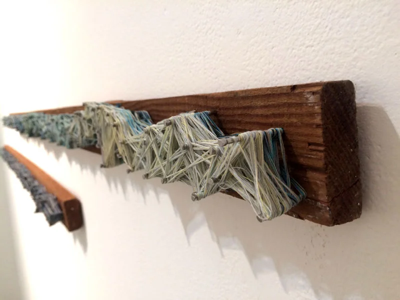 Mislaid Restraint. 52"W x 2.5"H x 1.5"D Antique Bed Boards, Nails, Thread. (2014)