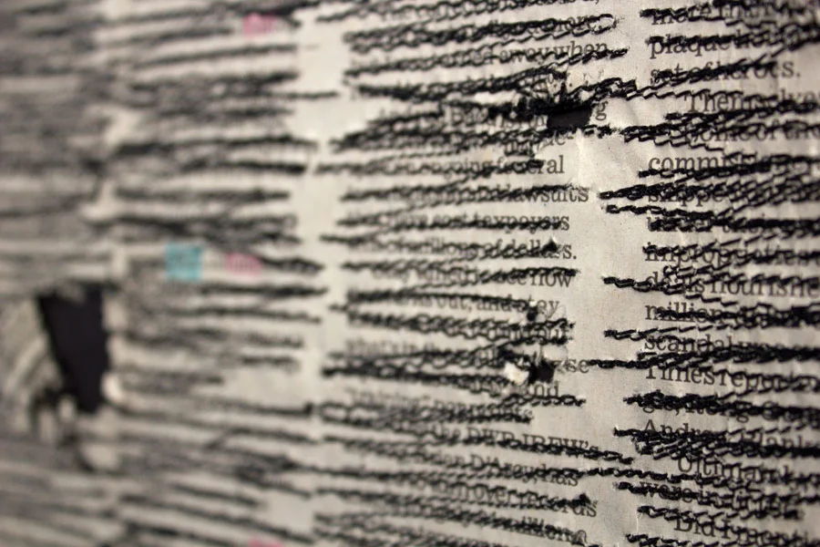 Year in Review. 10" x 14". Los Angeles Times Newspaper, Thread. (2014)