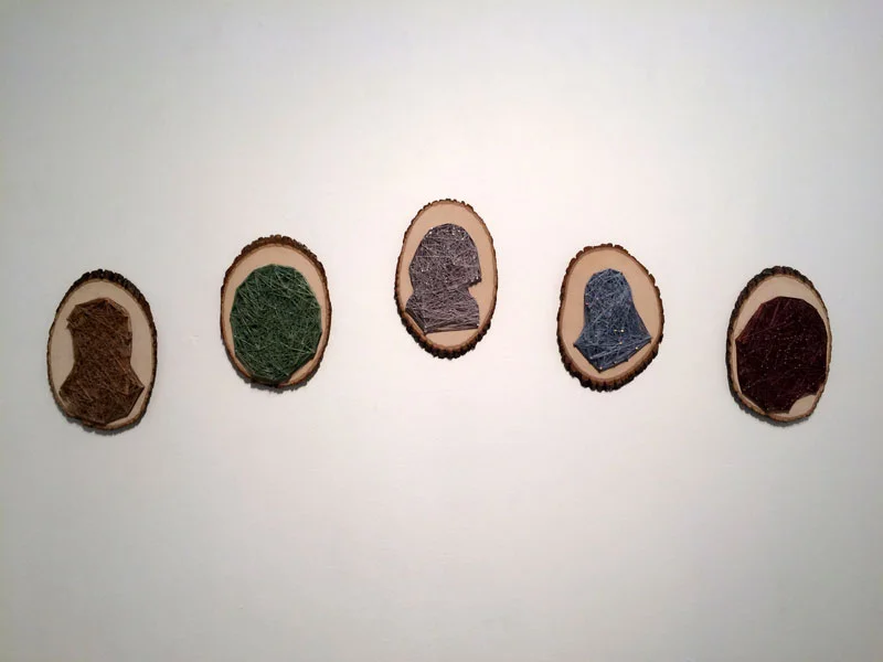 Obligatory Kin. 72"W x 18"H. Log Slices, Nails, Thread. (2014)