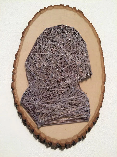 Obligatory Kin. 72"W x 18"H. Log Slices, Nails, Thread. (2014)