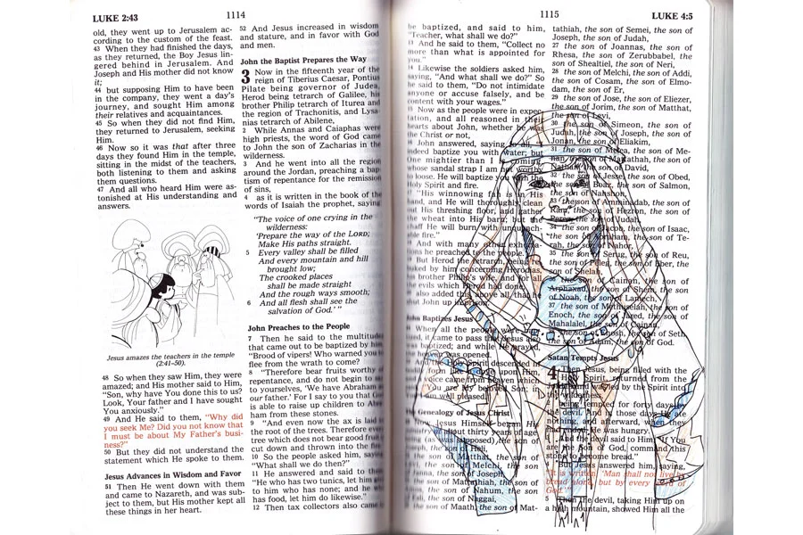 All Together Now. Dimensions Variable. Children's bibles, colored pencil, boat nails, plastic dolls, biblical tracts, voiceboxes. (2014)
