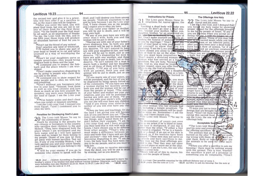 All Together Now. Dimensions Variable. Children's bibles, colored pencil, boat nails, plastic dolls, biblical tracts, voiceboxes. (2014)