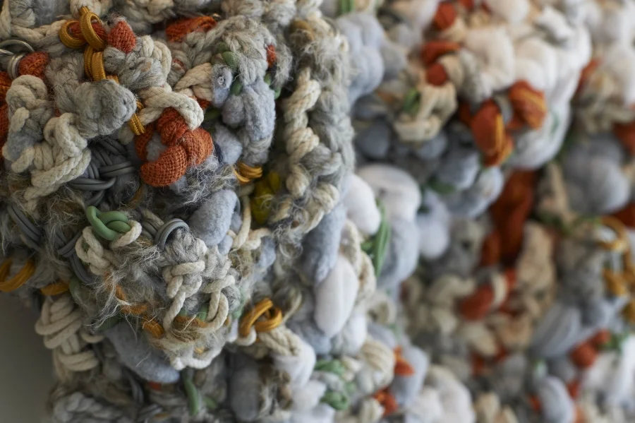 Detail. Cumulus. 48"W x 30"H x 9”D. Wire, Sash Cord, Cotton Clothes Line, Wool Yarns, Fleece, and Linen (2015)