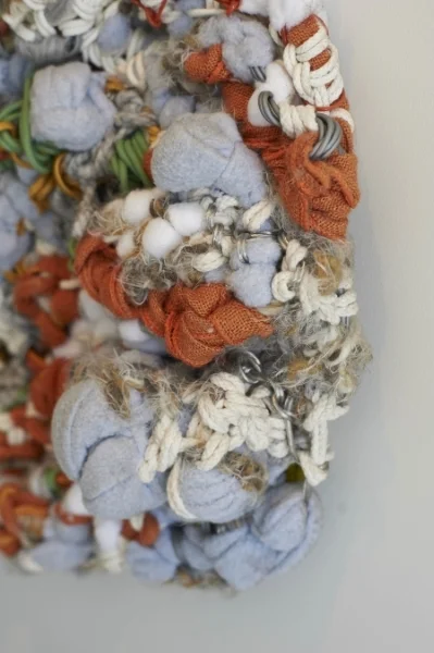 Detail. Cumulus. 48"W x 30"H x 9”D. Wire, Sash Cord, Cotton Clothes Line, Wool Yarns, Fleece, and Linen (2015)