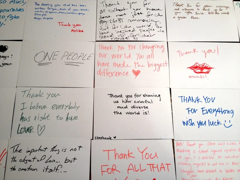 Thank You! Thank You! Dimensions Variable. Details of Four Patterns of Illustrated Thank You Cards Colored by Community Participants. (2014)