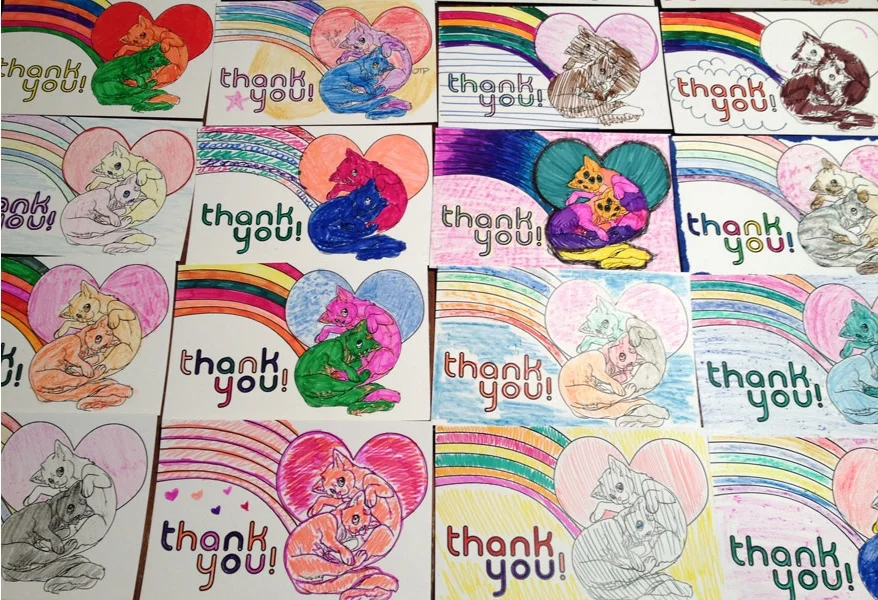 Thank You! Thank You! Dimensions Variable. Details of Four Patterns of Illustrated Thank You Cards Colored by Community Participants. (2014)