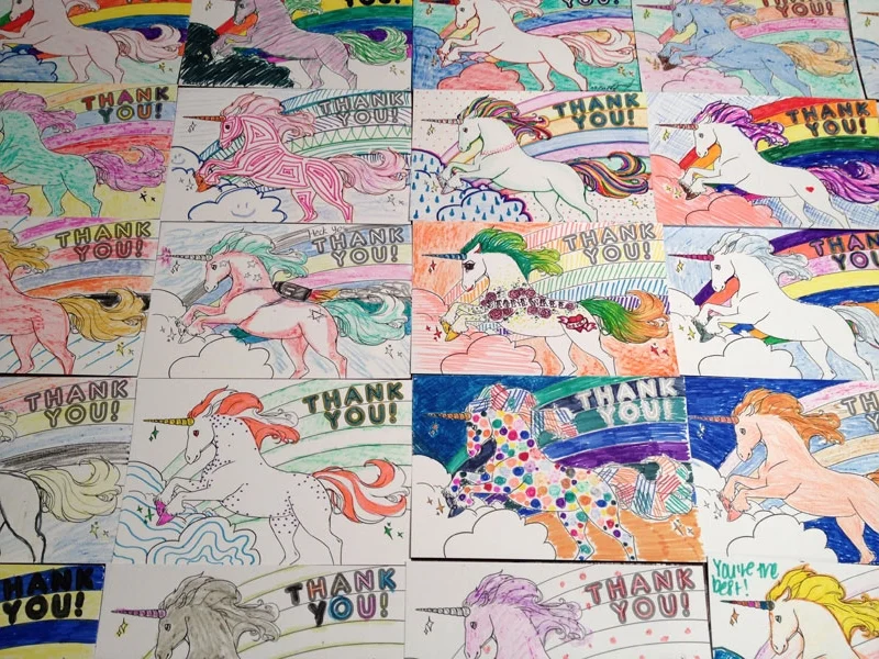 Thank You! Thank You! Dimensions Variable. Details of Four Patterns of Illustrated Thank You Cards Colored by Community Participants. (2014)