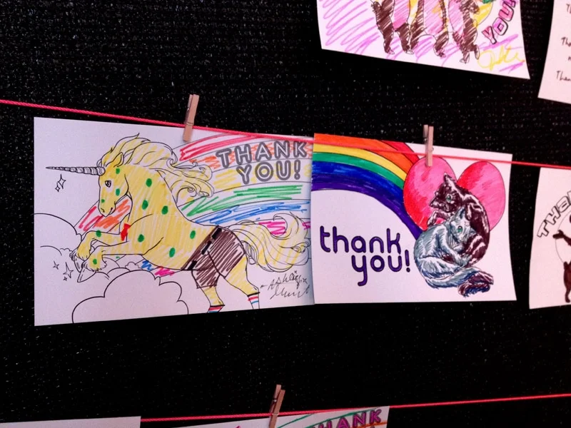 Thank You! Thank You! Dimensions Variable. Details of Four Patterns of Illustrated Thank You Cards Colored by Community Participants. (2014)