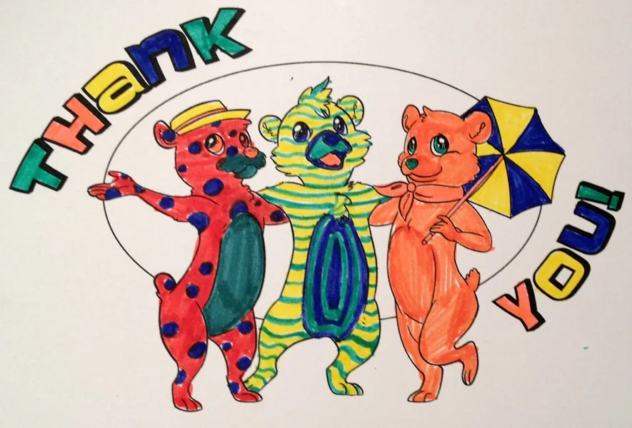 Thank You! Thank You! Dimensions Variable. Details of Four Patterns of Illustrated Thank You Cards Colored by Community Participants. (2014)