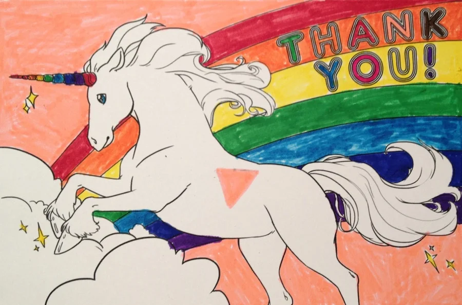 Thank You! Thank You! Dimensions Variable. Details of Four Patterns of Illustrated Thank You Cards Colored by Community Participants. (2014)