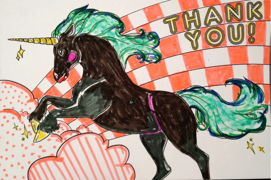 Thank You! Thank You! Dimensions Variable. Details of Four Patterns of Illustrated Thank You Cards Colored by Community Participants. (2014)