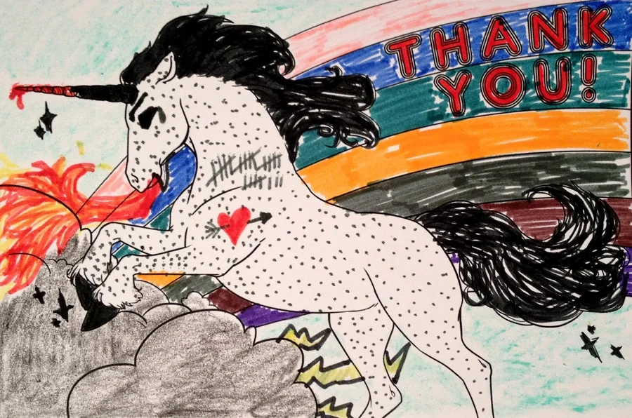 Thank You! Thank You! Dimensions Variable. Details of Four Patterns of Illustrated Thank You Cards Colored by Community Participants. (2014)