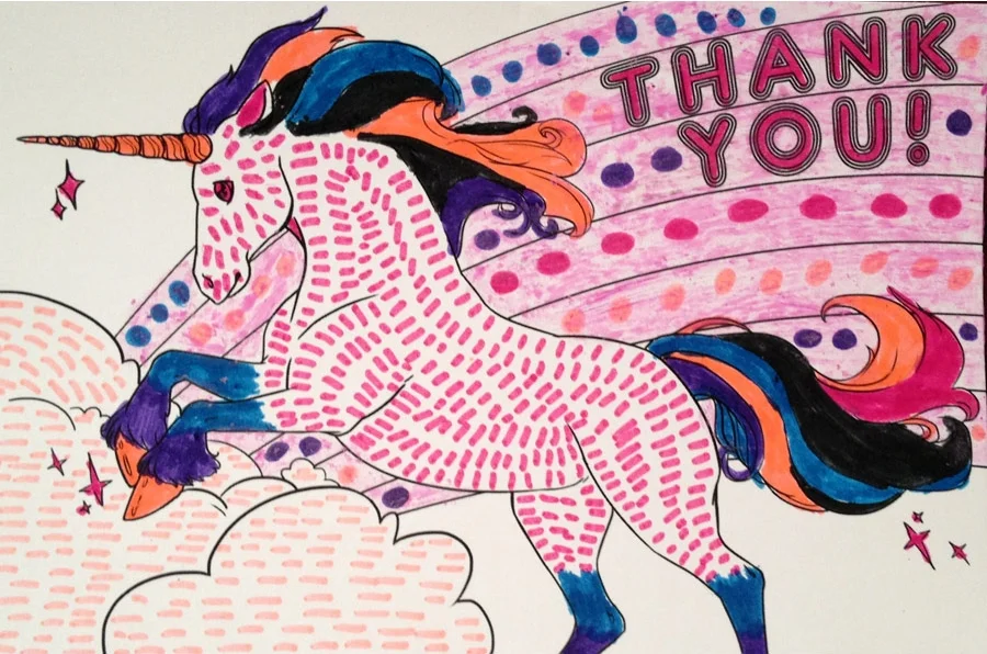 Thank You! Thank You! Dimensions Variable. Details of Four Patterns of Illustrated Thank You Cards Colored by Community Participants. (2014)