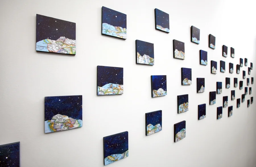 As Many Dreams As There Are Stars In The Sky. 3”W x 3”H, 50 Pieces. Mixed Media on Wood Panel. Mona Nicole Sfeir (2015)