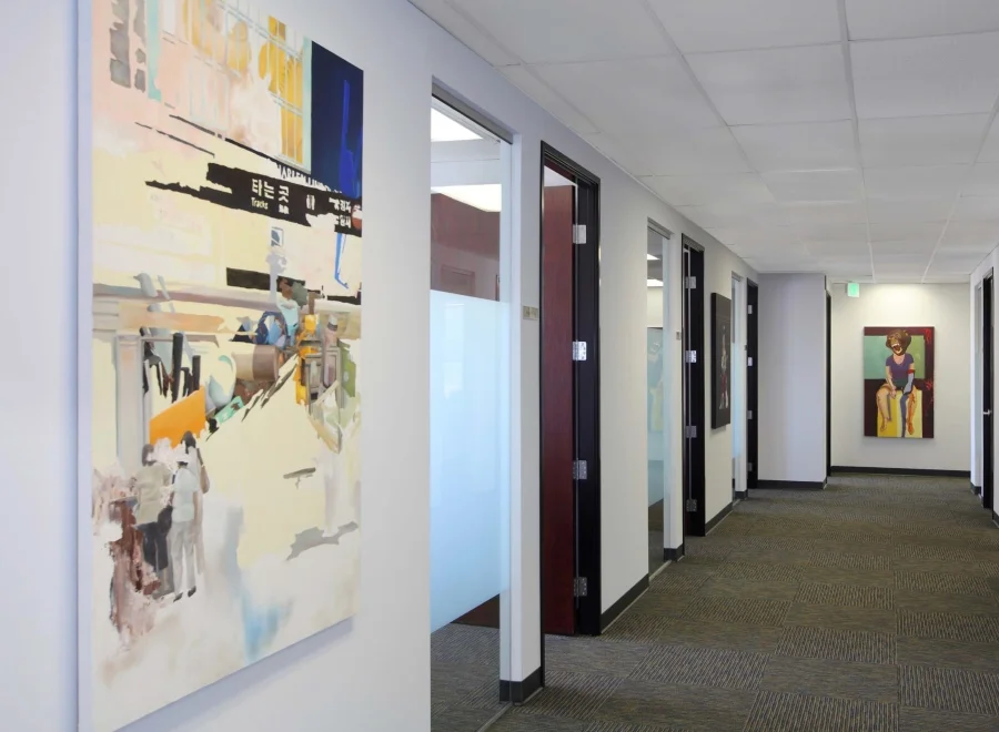 Installation view of paintings by Hyunji Lee and Diane Williams